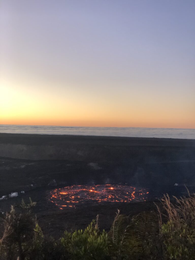 Dawn over the Kīlauea crater. The crater is still vivid.